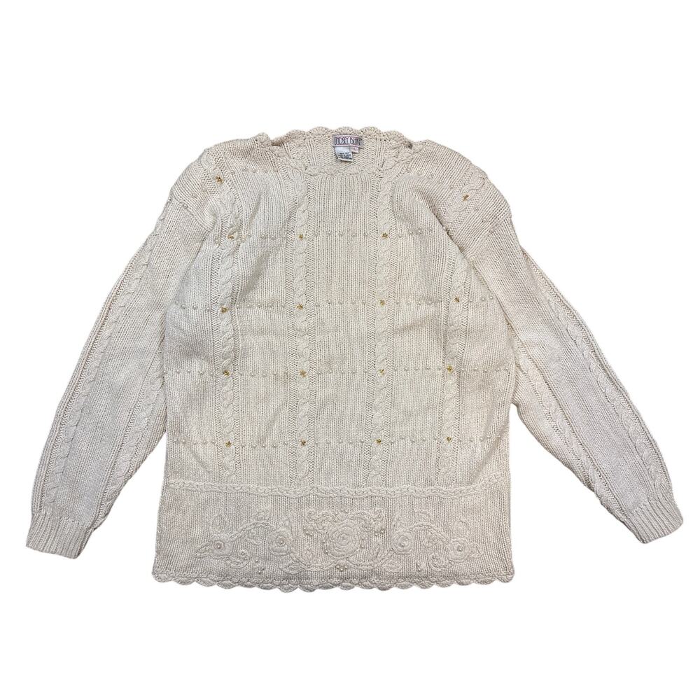 Lindsey Blake 100% silk cable knit sweater embellished pearls beaded cream L